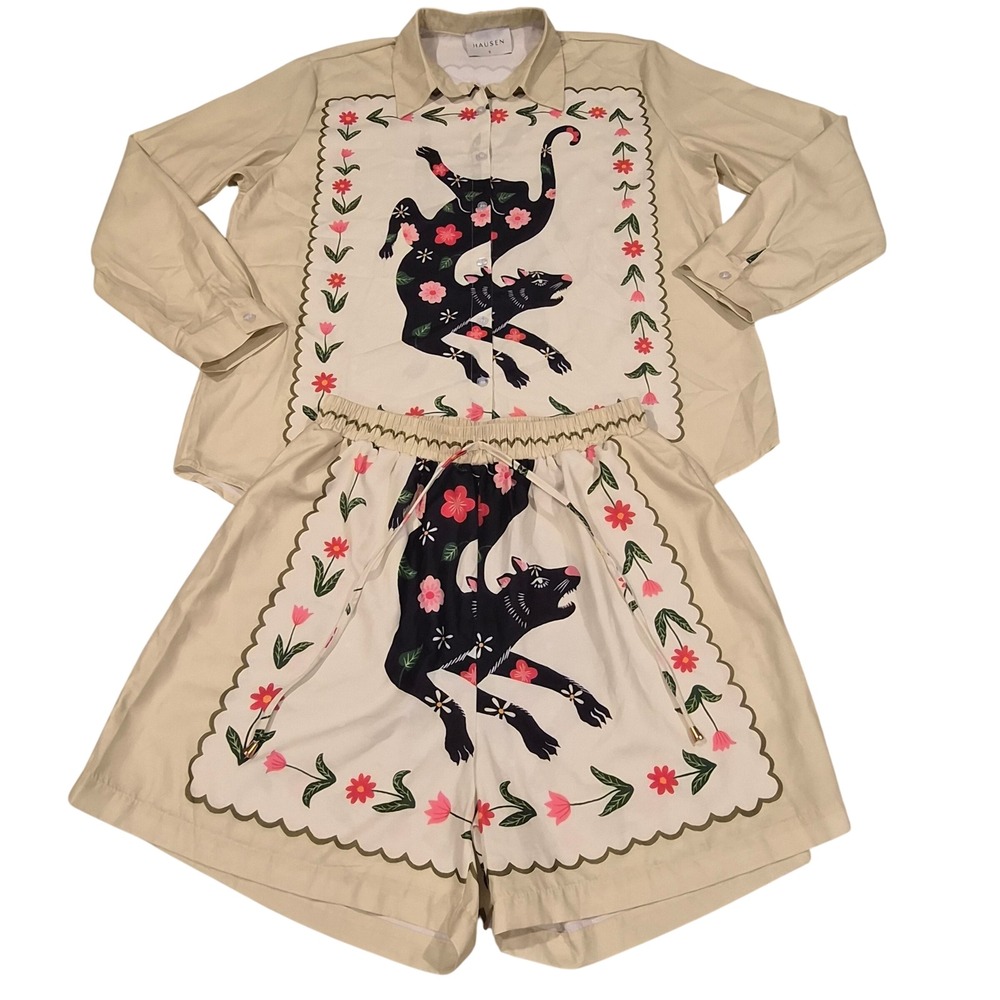 Hausen Panther Floral Scallop Shirt and Shorts Two Piece Set Cream Small